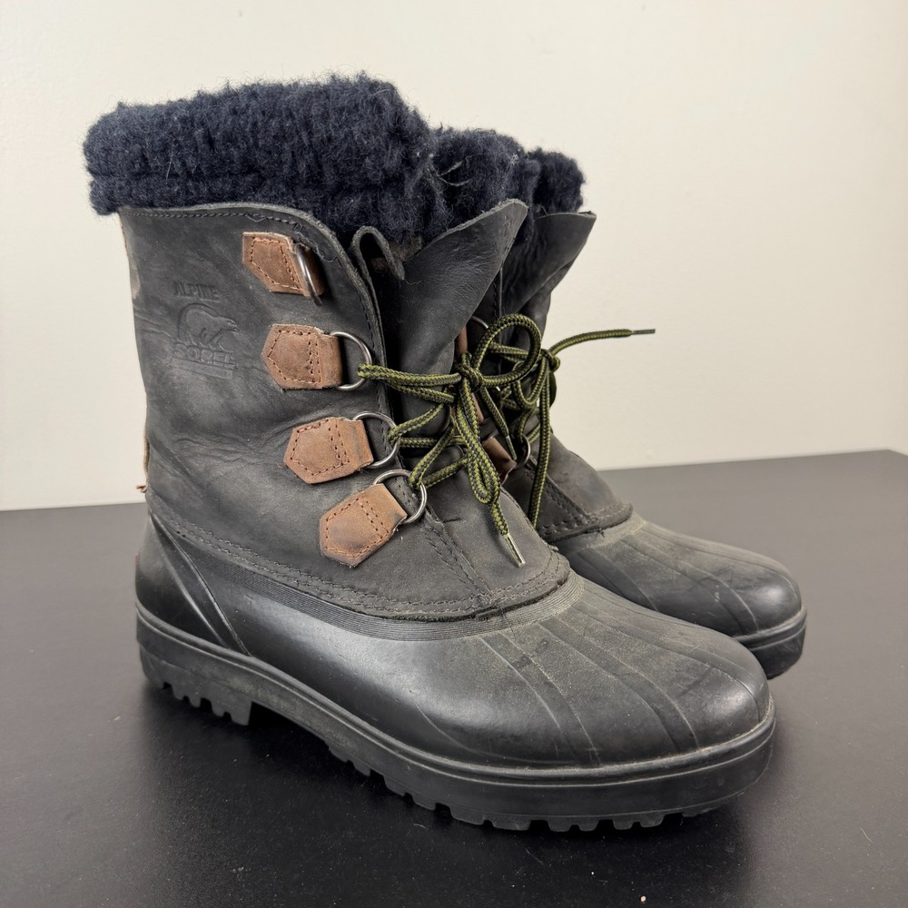 Vintage Sorel Alpine Winter Snow Duck Boots Women's 10 Black Leather Waterproof